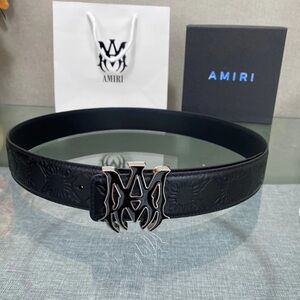 AMIRI Black Leather Belt with Silver Buckle quad 4CM BELT